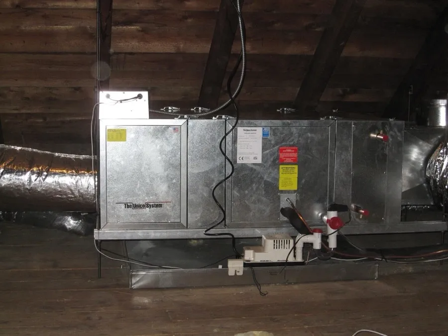 Unico high velocity air conditioning system in an attic